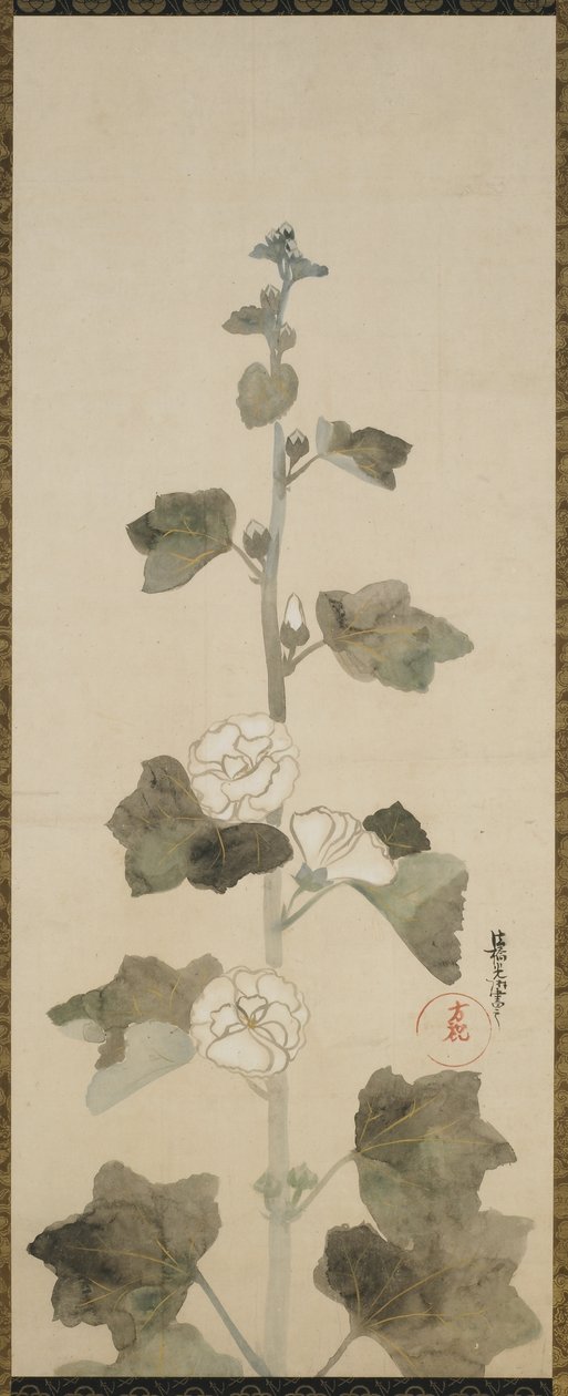 Vita stockrosor, Edo-period, 1615-1868 (bläck, nyans och guld på papper) av Japanese School