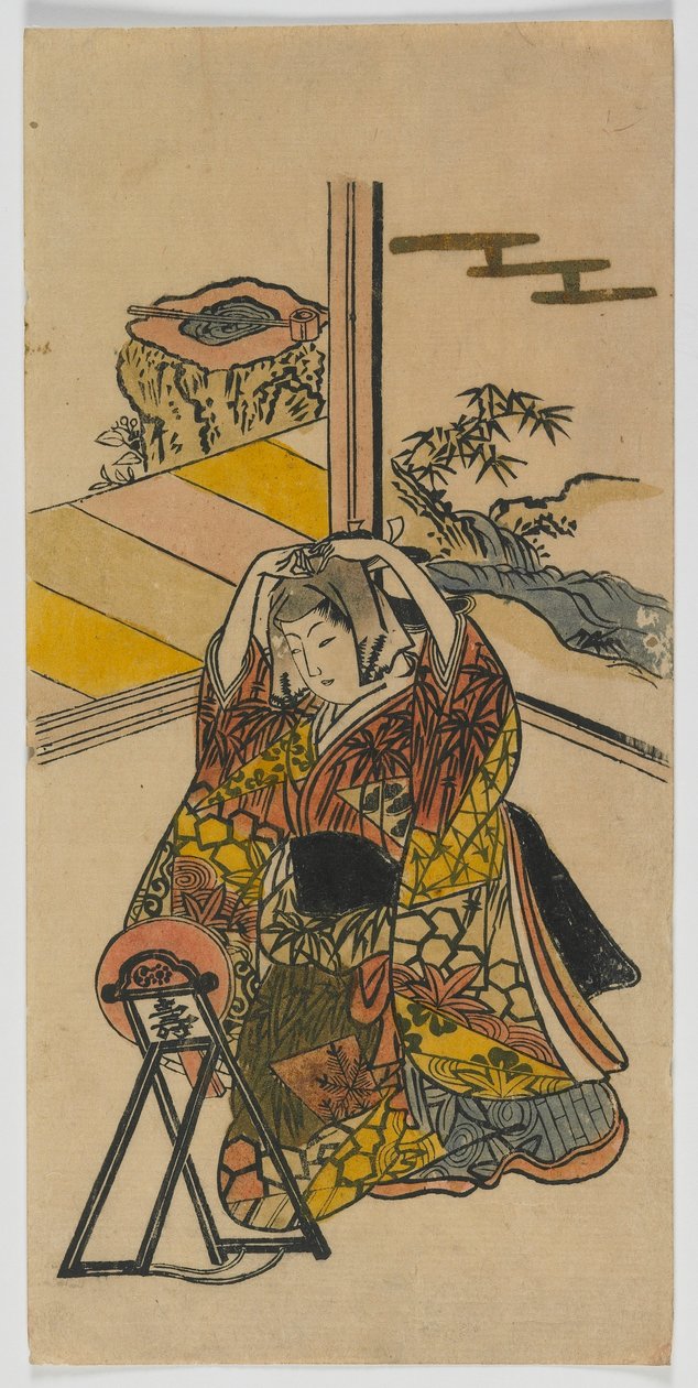 Ung kvinna som knäböjer bredvid en spegel, Edo-period, 1720-talet (trätryck i färg) av Japanese School