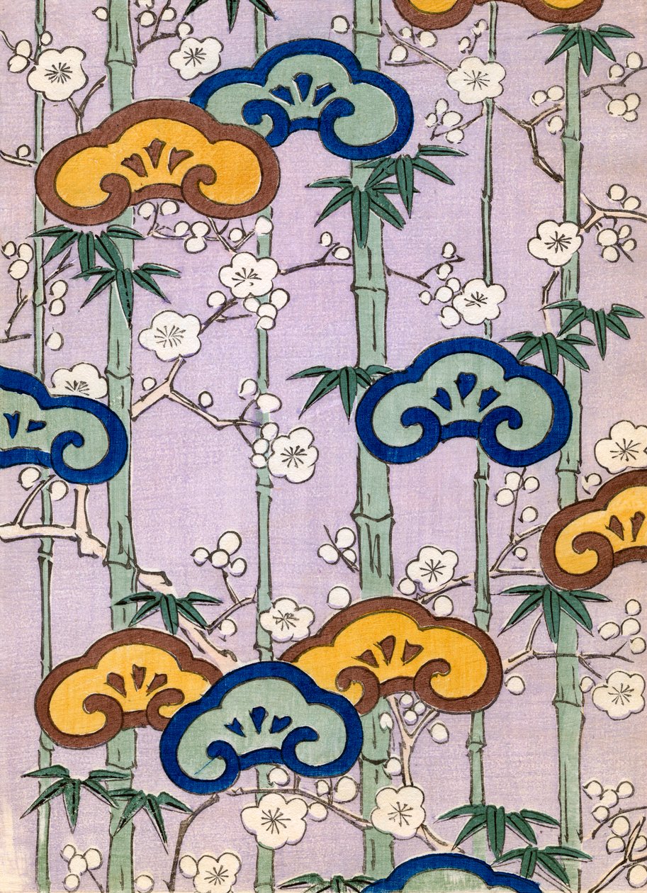 färgträtryck av bambu och körsbärsblommor av Japanese School