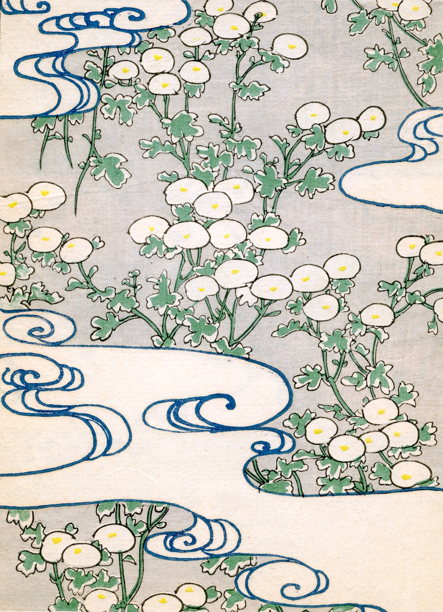 färgträtryck av Blooming Vines och Wave Pattern av Japanese School