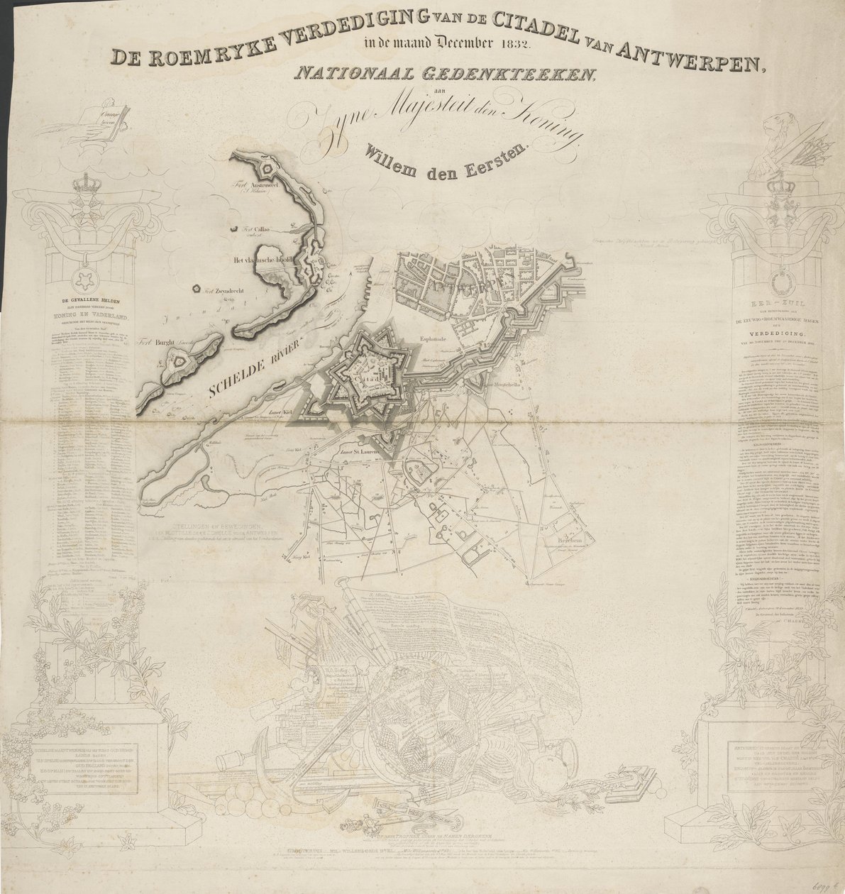 Roemryke Defense of Citadel of Antwerpen, i december månad 1832. Nationellt minnesmärke, till Hans Majestät Kungen, Willem den Eerste (titel på objektet) av Ja.s Wyld
