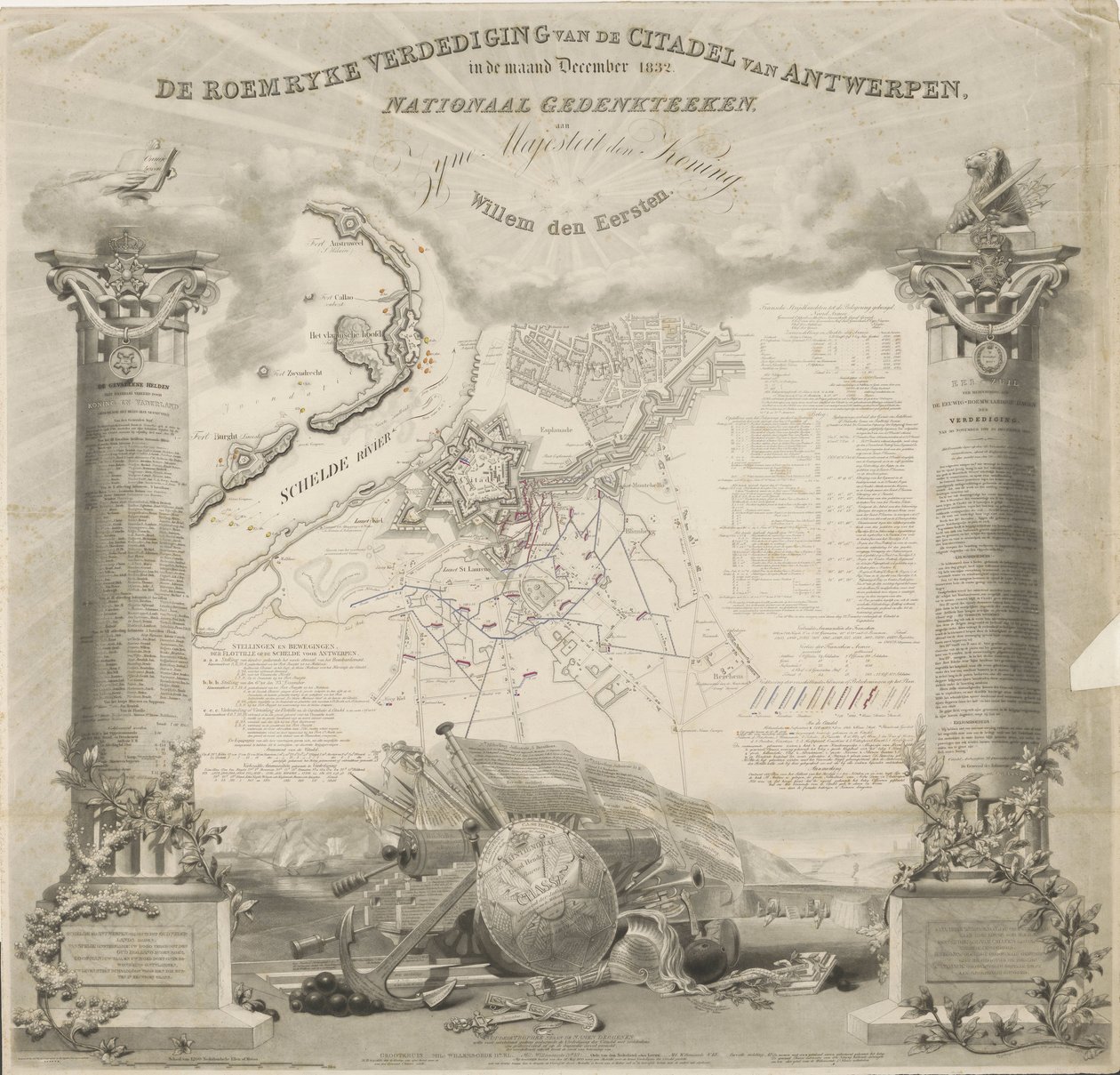 Roemryke Defense of Citadel of Antwerpen, i december månad 1832. Nationellt minnesmärke, till Hans Majestät Kungen, Willem den Eersten (titel på objektet) av Ja.s Wyld