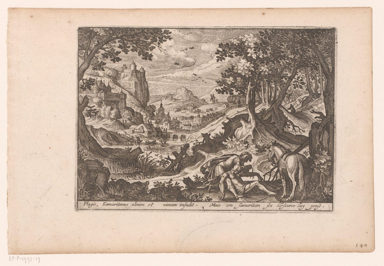 Landskap med berättelsen om den barmhärtige samariten: samariten hjälper offret på sin häst Story of the Good Samaritan (serietitel) av Jaspar de Isaac (attributed to)