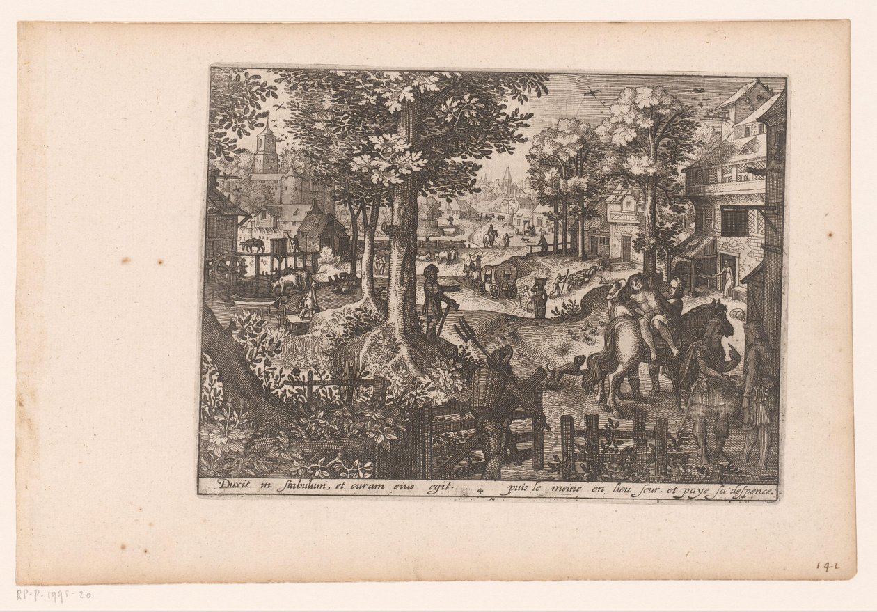 Landskap med berättelsen om den barmhärtige samariten: ankomsten till värdshuset Story of the Good Samaritan (serietitel) av Jaspar de Isaac (attributed to)