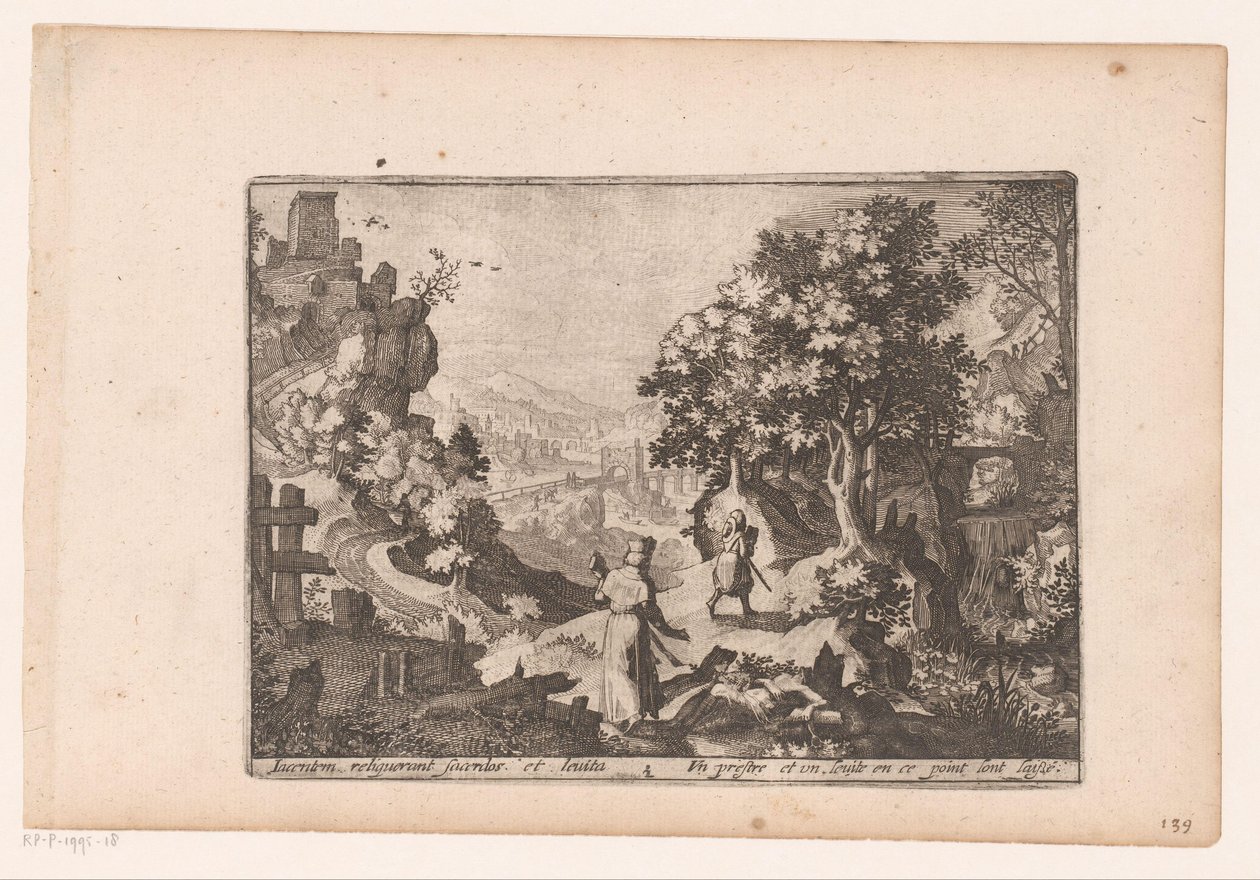 Landskap med berättelsen om den barmhärtige samariten: prästen och leviten passerar offret och lämnar det bakom sig Story of the Good Samaritan (serietitel) av Jaspar de Isaac (attributed to)