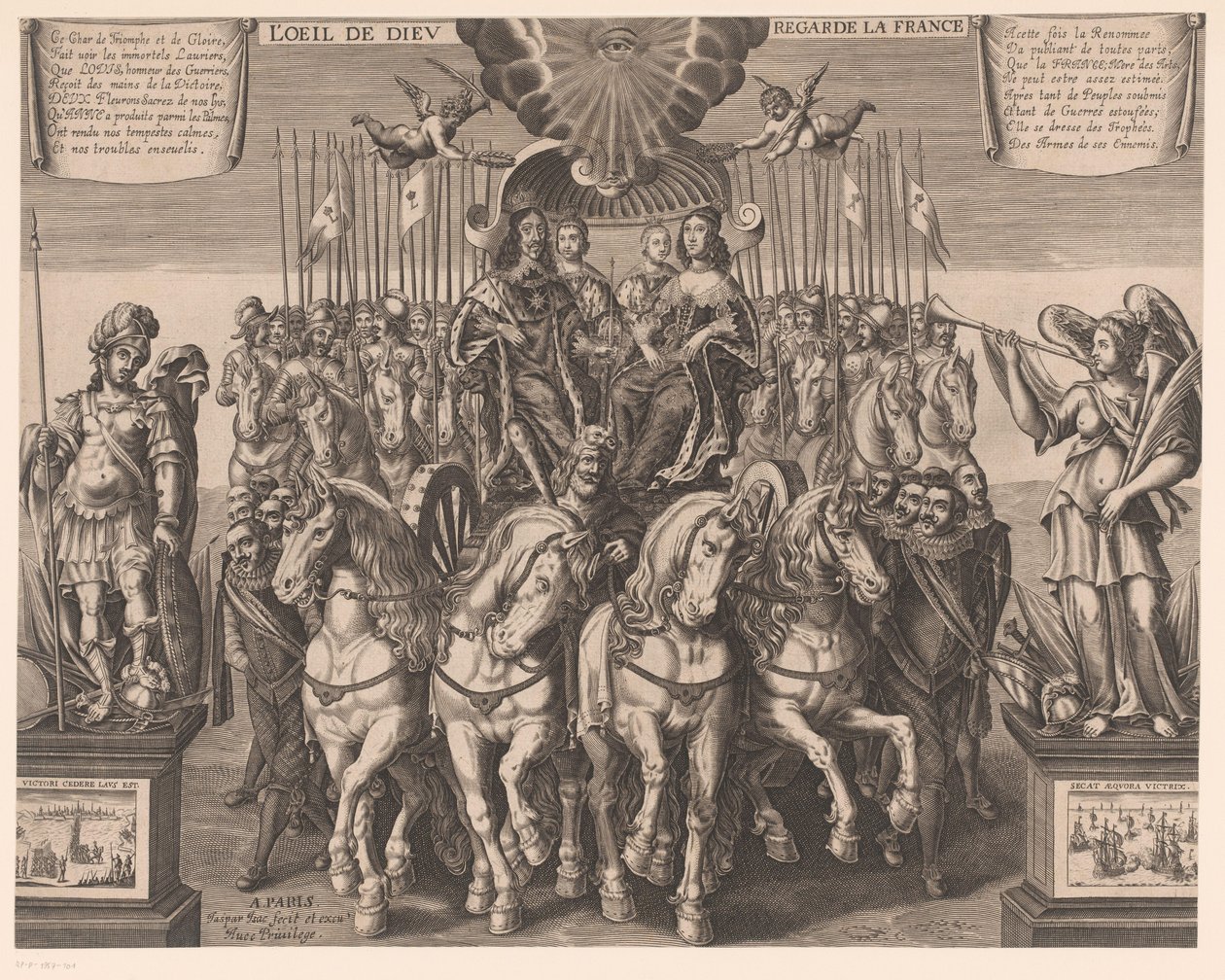 Ludvig XIII och Anna av Österrike med Dauphin och hertigen av Anjou i en vagn dragen av fyra hästar L