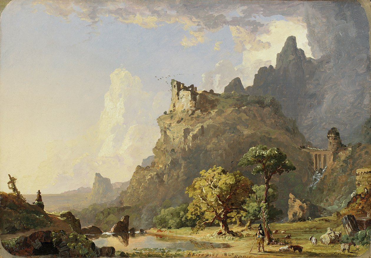 Italienskt landskap nära Rom: Study for Mountain Stream, 1847 (olja på papper, upplagd på duk) av Jasper Francis Cropsey