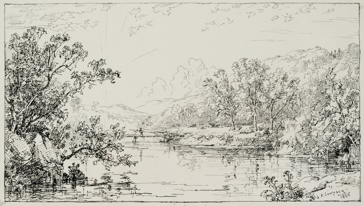 October in the Ramapo Valley, 1885 (penna och svart bläck med tillägg av grafit på cremefärgad Bristolpapp) av Jasper Francis Cropsey