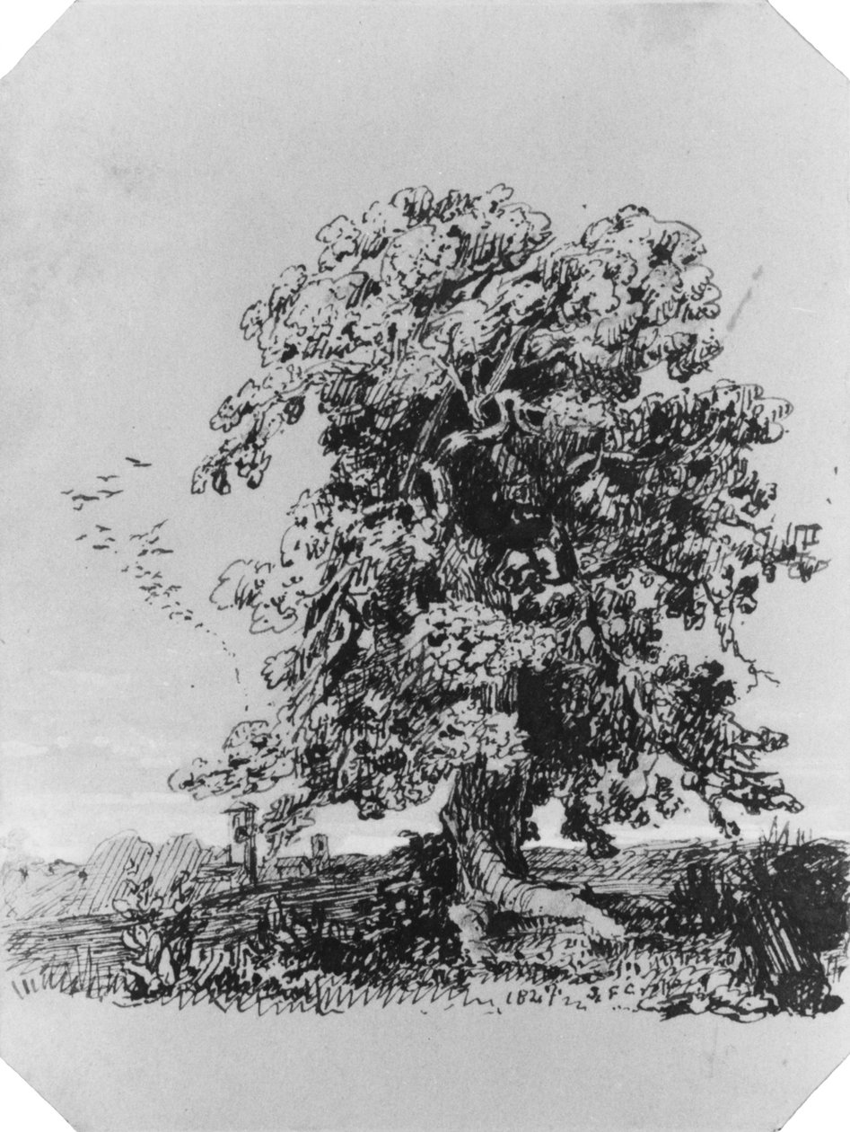 Landskap med träd och en by i fjärran (ur Cropsey-albumet) av Jasper Francis Cropsey