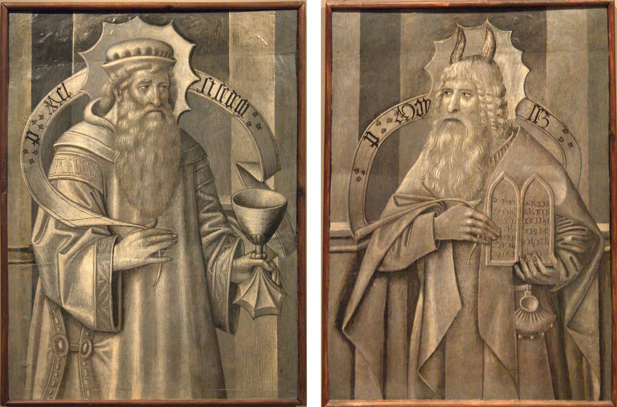 Fack på baksidan av predella av Santa Maria de Ripoll- Melchizedek och Moses av Jaume Huguet