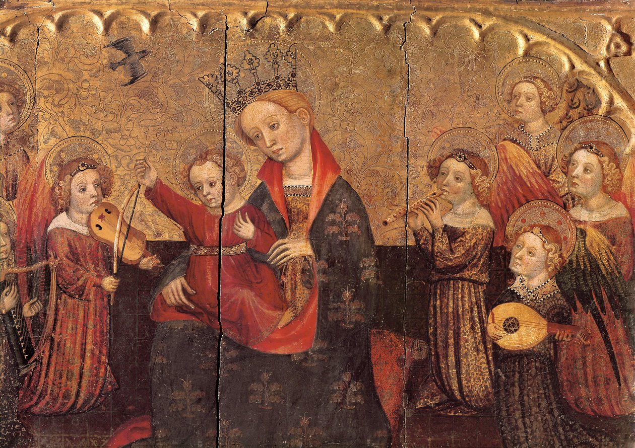 Fack från en altartavla med Jungfrun och barnet och änglar, tidigt 1400-tal (tempera på trä) av Jaume Cabrera
