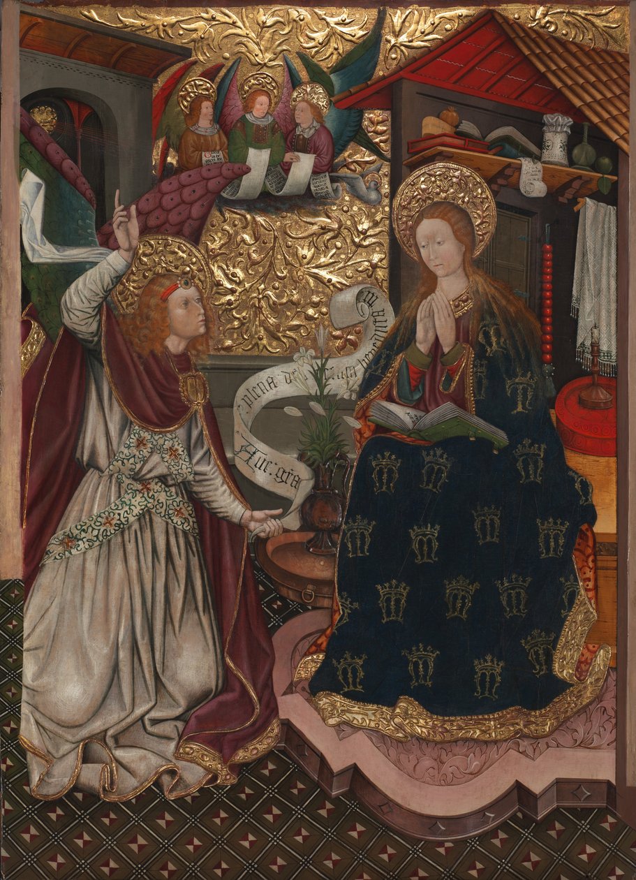 Bebådelsen och Födelsekyrkan, ca 1457 (olja, tempera och guld på träpanel) av Jaume Ferrer