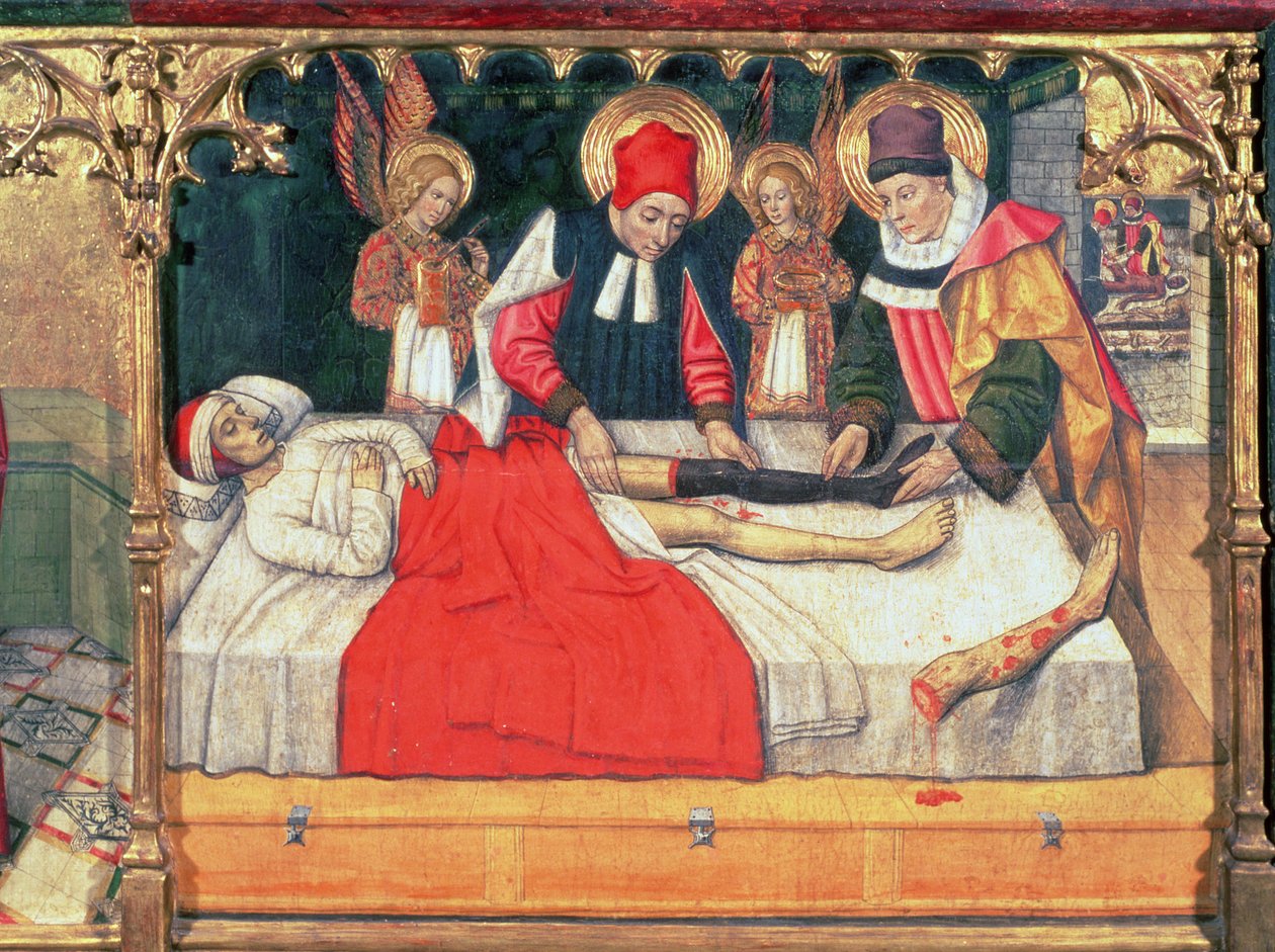 126-0035321 SS. Cosmas och Damian ympar in benet på en etiopisk man på diakonen Justinians stubbe; av Jaume Huguet
