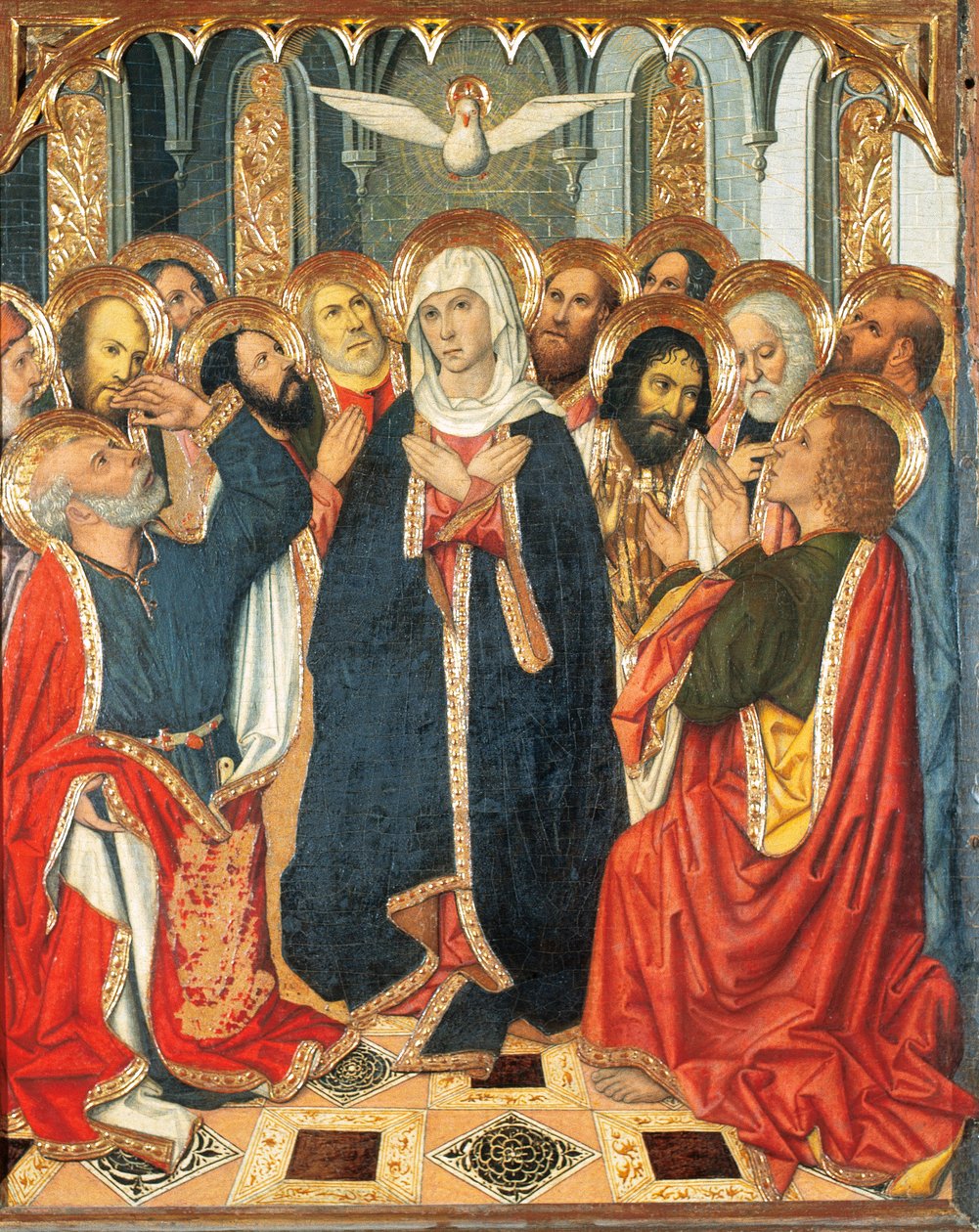 Pingstbordet. Från altartavlan av konstapel i Portugal (1464-1465). Måla på trä. Av Jaume Huguet (1414-1492). XV Century (målning på trä) av Jaume Huguet