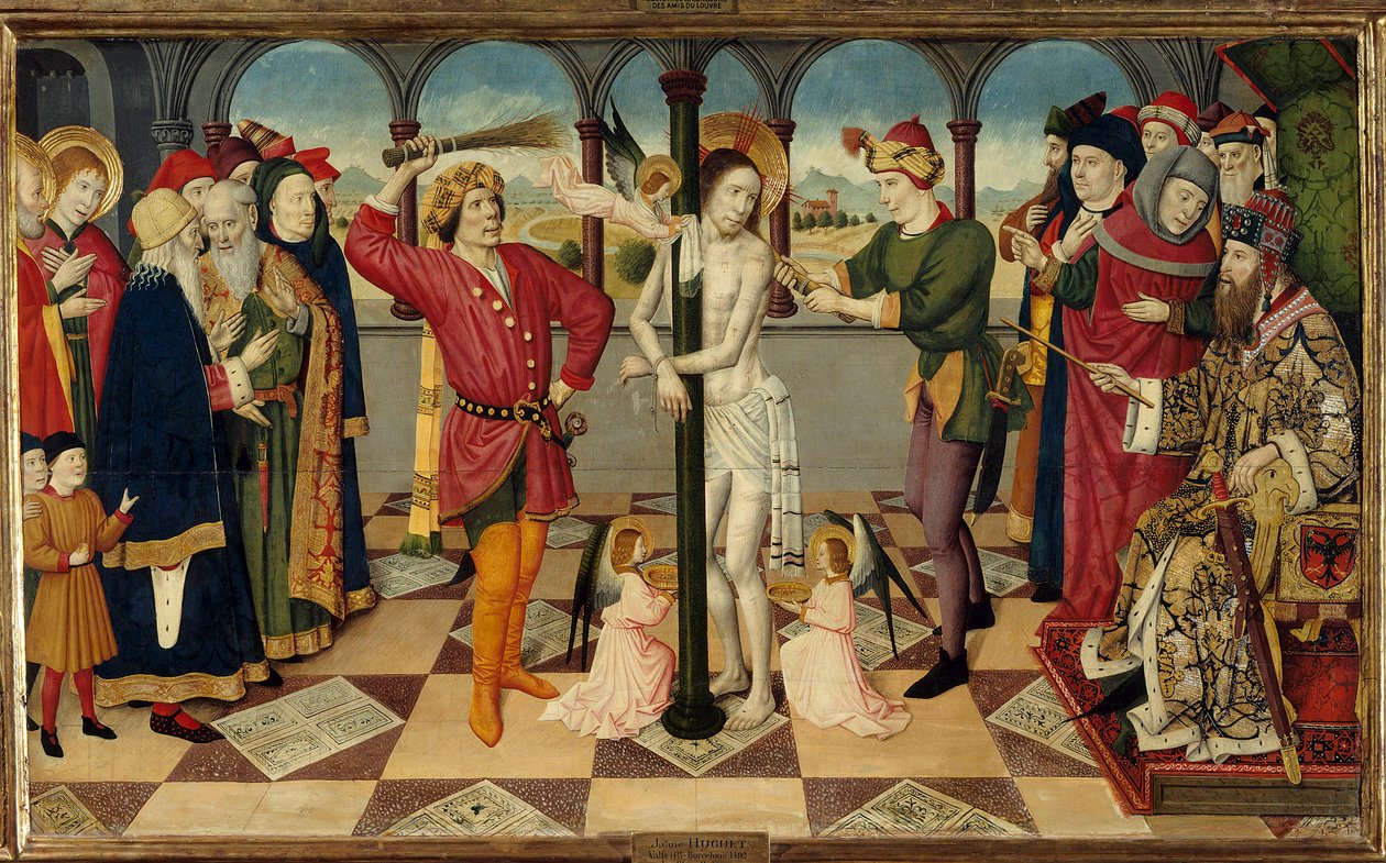 Kristi piskande inför Pontius Pilatus. Detrempe på trä av Jaume (= Jaime) Huguet den äldre (1415-1492). Dämpa. 0,92 x 1,56 m. av Jaume Huguet