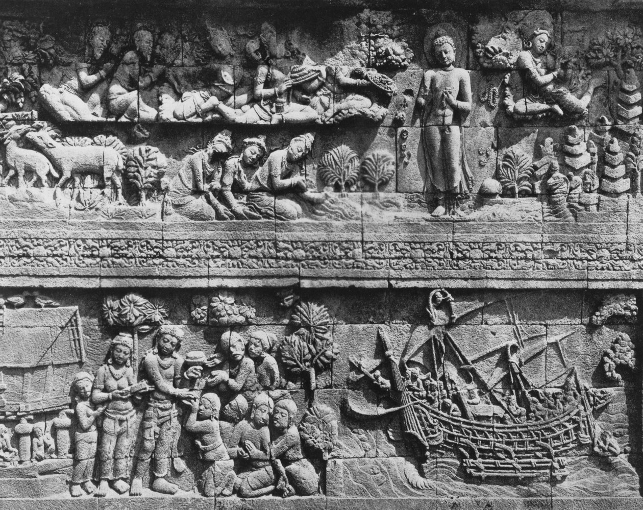 Borobudur Temple relief av Bodhisattva bad (sten) av Javanese School