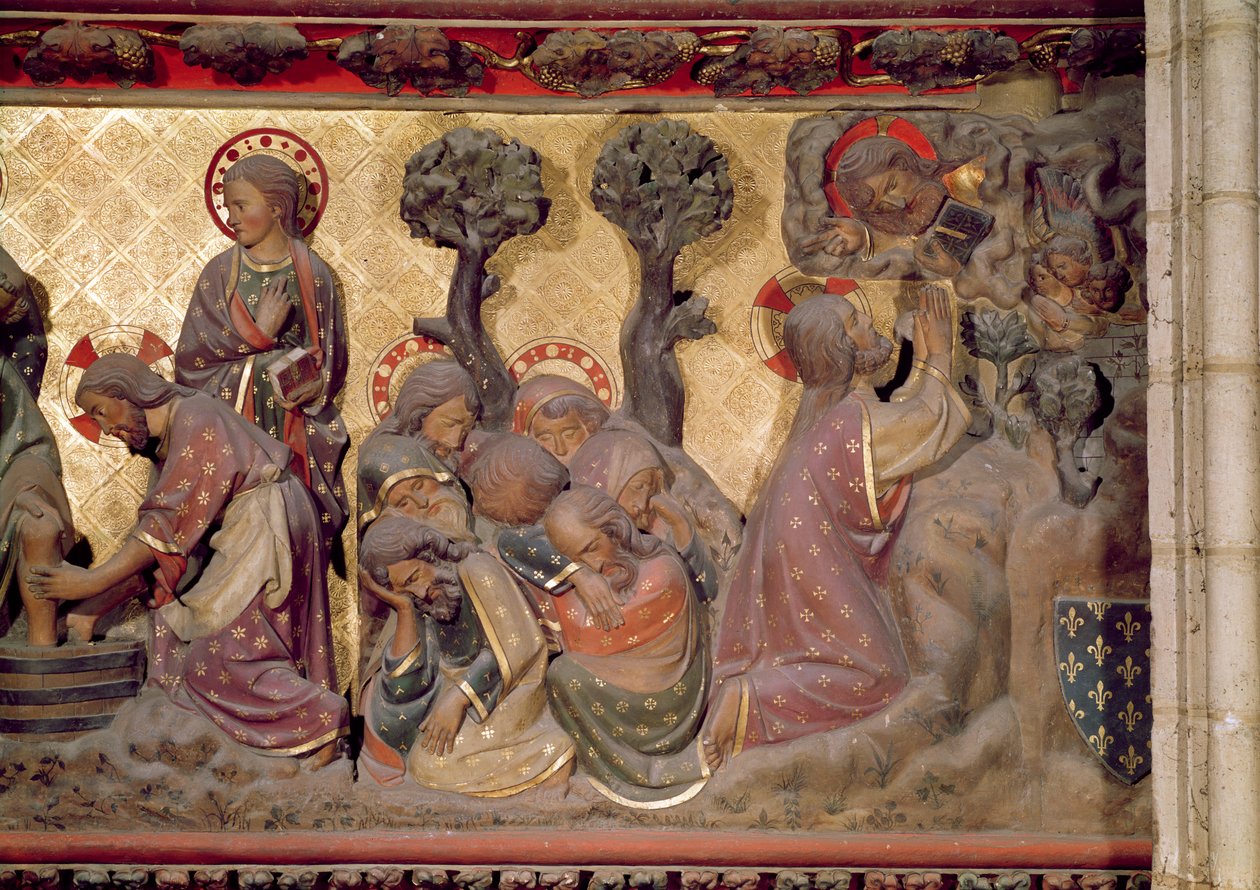 Detalj av Kristus som tvättar apostlarnas fötter i olivernas trädgård, 1340-51 målad sten av Jean and Jean Le Boutellier Ravy