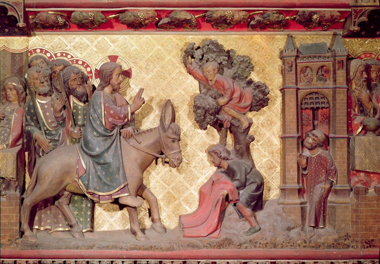 Detalj av Kristi intåg i Jerusalem, 1340-51 målad sten av Jean and Jean Le Boutellier Ravy