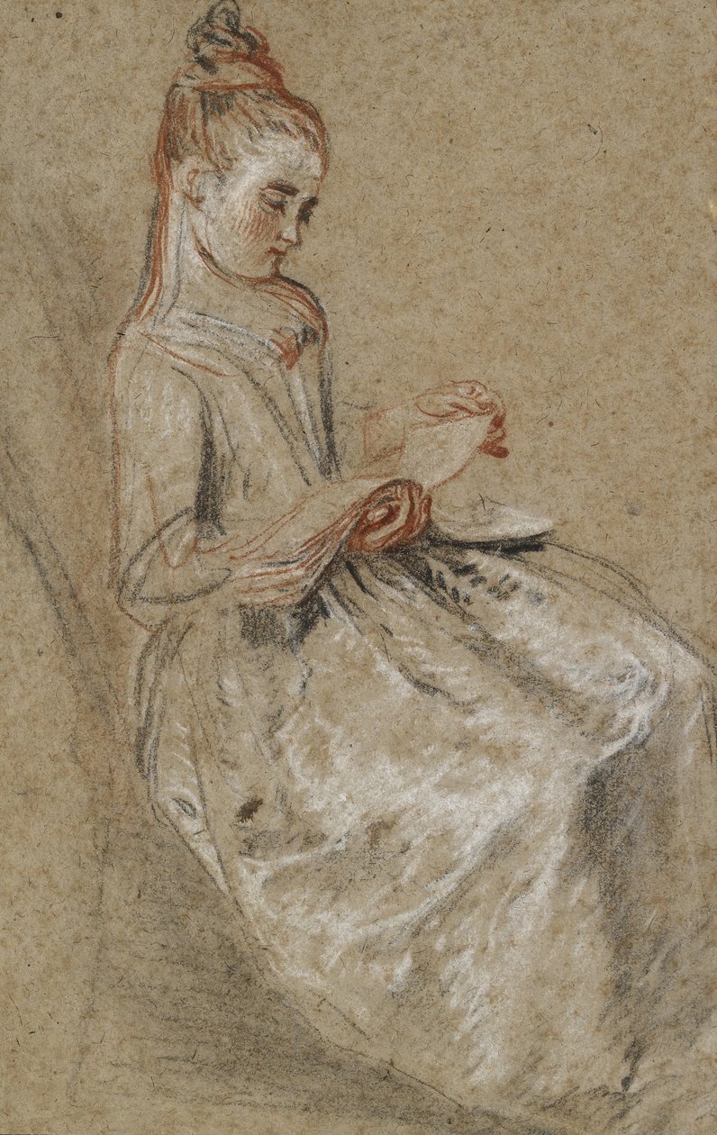 Flickan sitter med en musikbok i knät (svarta, röda och vita krita på brunt papper med grov textur) av Jean Antoine Watteau