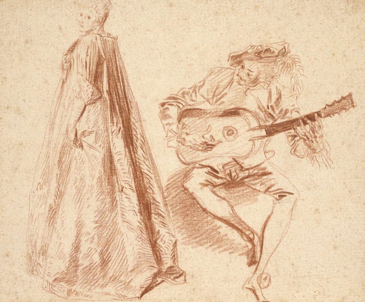 Tjej som står i profil till vänster, tittar över sin vänstra axel, med en man, till höger, spelar en gitarr (röd krita på blekt, beige papper, lagt på blått underlagspapper) av Jean Antoine Watteau