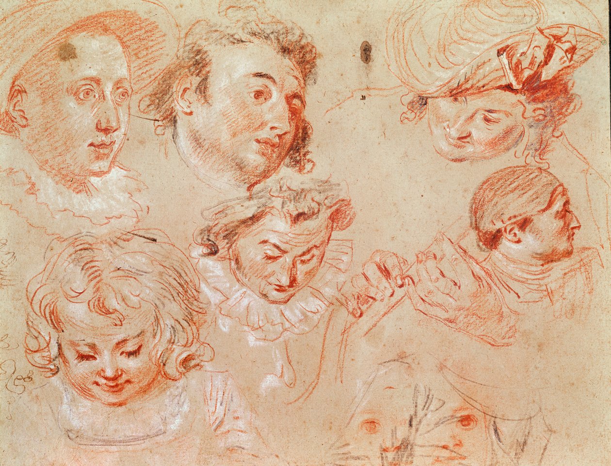 Sex huvuden och två händer som spelar ett musikinstrument (krita med kolhöjdpunkter) av Jean Antoine Watteau