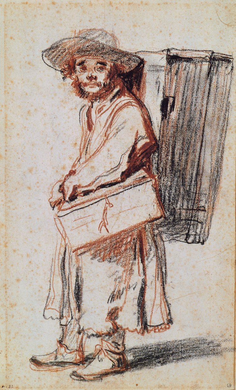 Studie af en krammand fra Auvergne (kul og rødt kridt på papir) sved av Jean Antoine Watteau