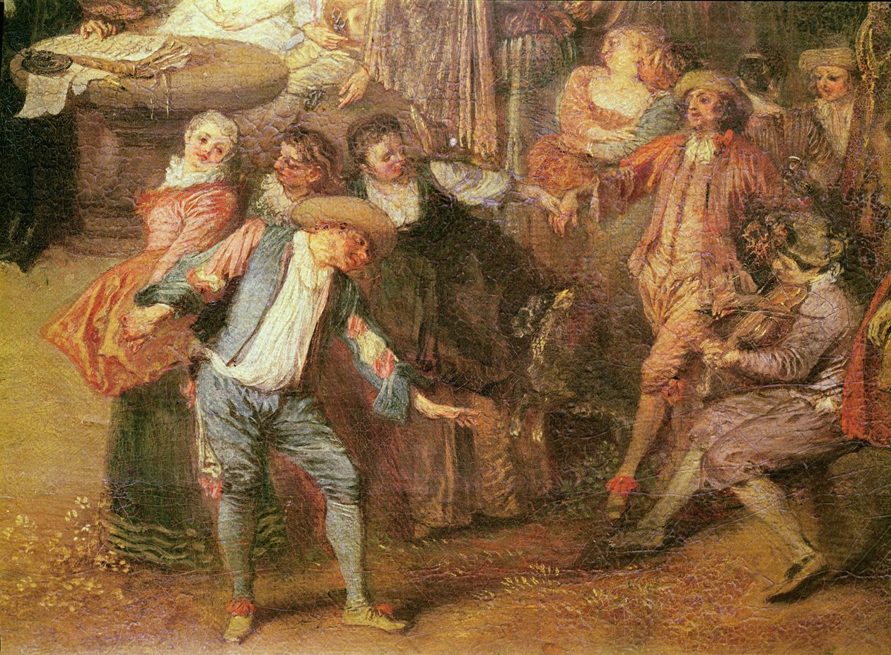 Äktenskapsförordet och den rustika baldetaljen av dansarna till höger, ca. 1712-13 olja på duk av Jean Antoine Watteau