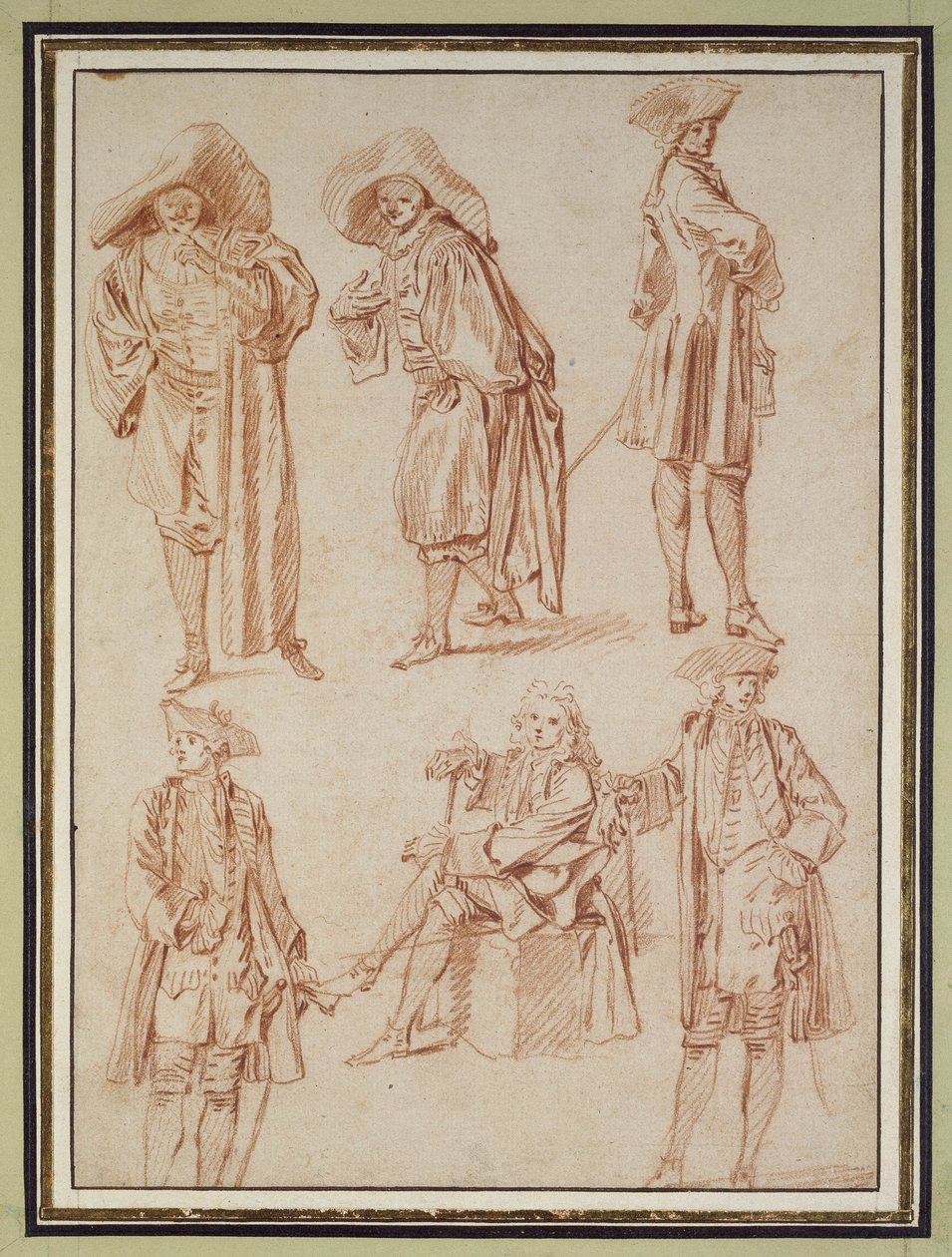 Två studier av doktorn i den italienska komedin och fyra officerare, tre stående, en sittande (rödkrita med penna och bläck och tvätt på papper) av Jean Antoine Watteau