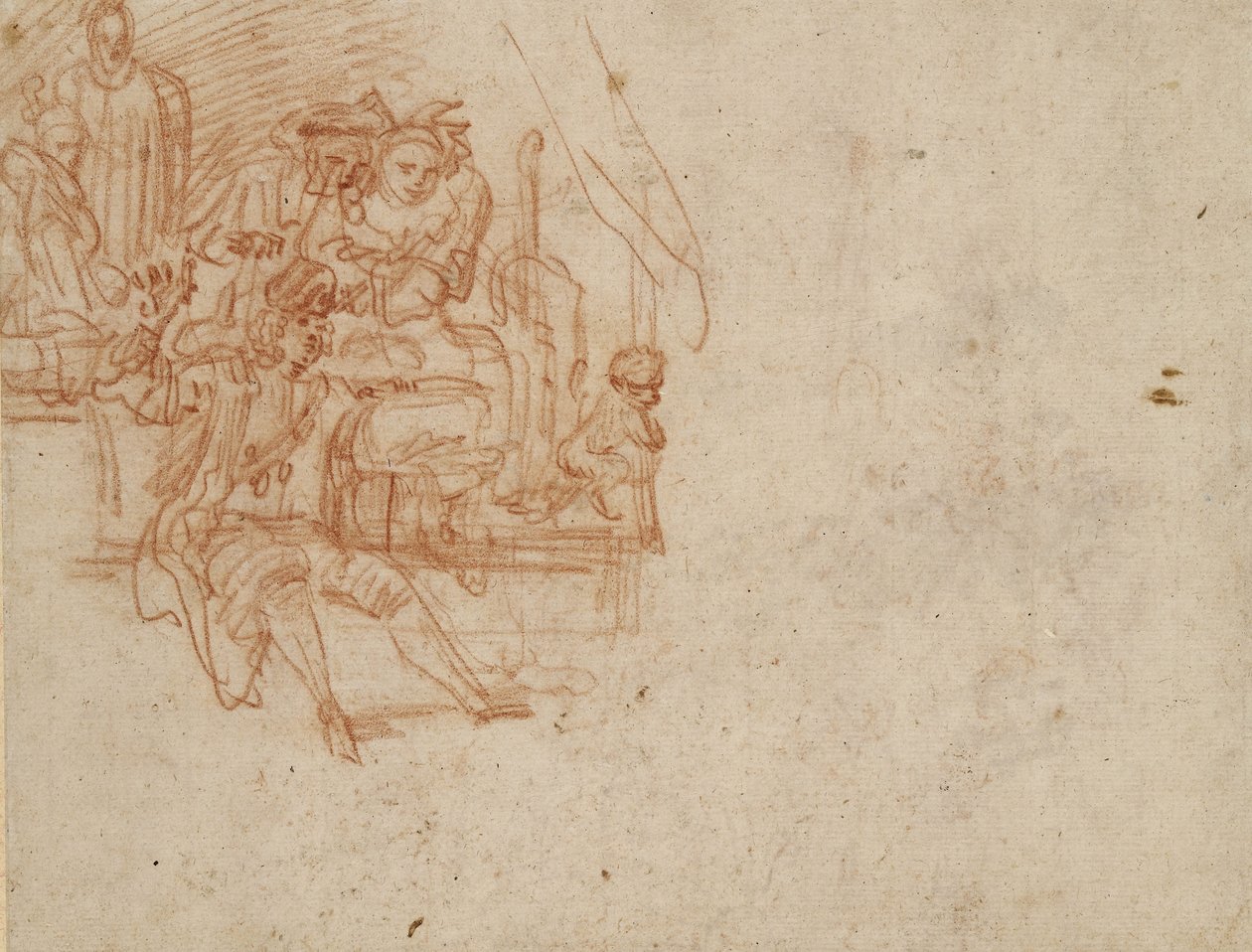 Verso; Kvacksalvare sitter på scenen och säljer sina varor (rödkrita på papper) av Jean Antoine Watteau