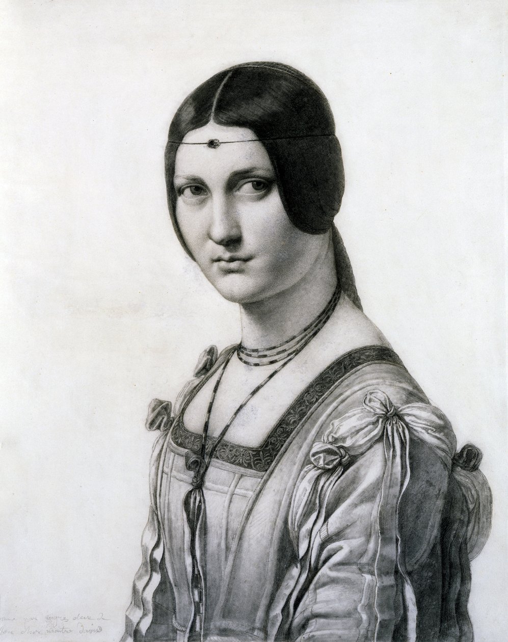 La Belle Ferronniere (svart krita och tvätt på papper) av Jean Auguste Dominique Ingres