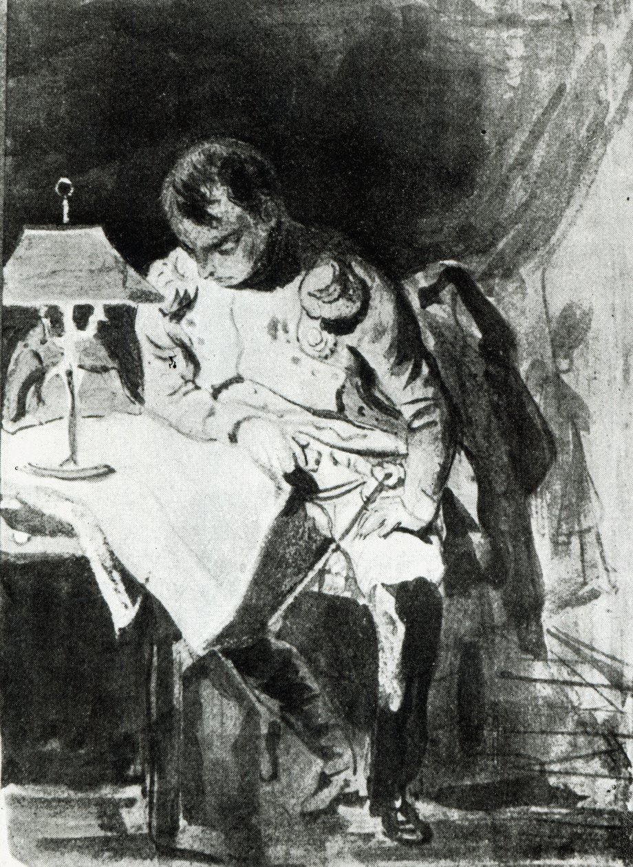 Napoleon studerer sine kort ved lampelys, ca. 1800 (india blæk) swed av Jean Auguste Dominique Ingres