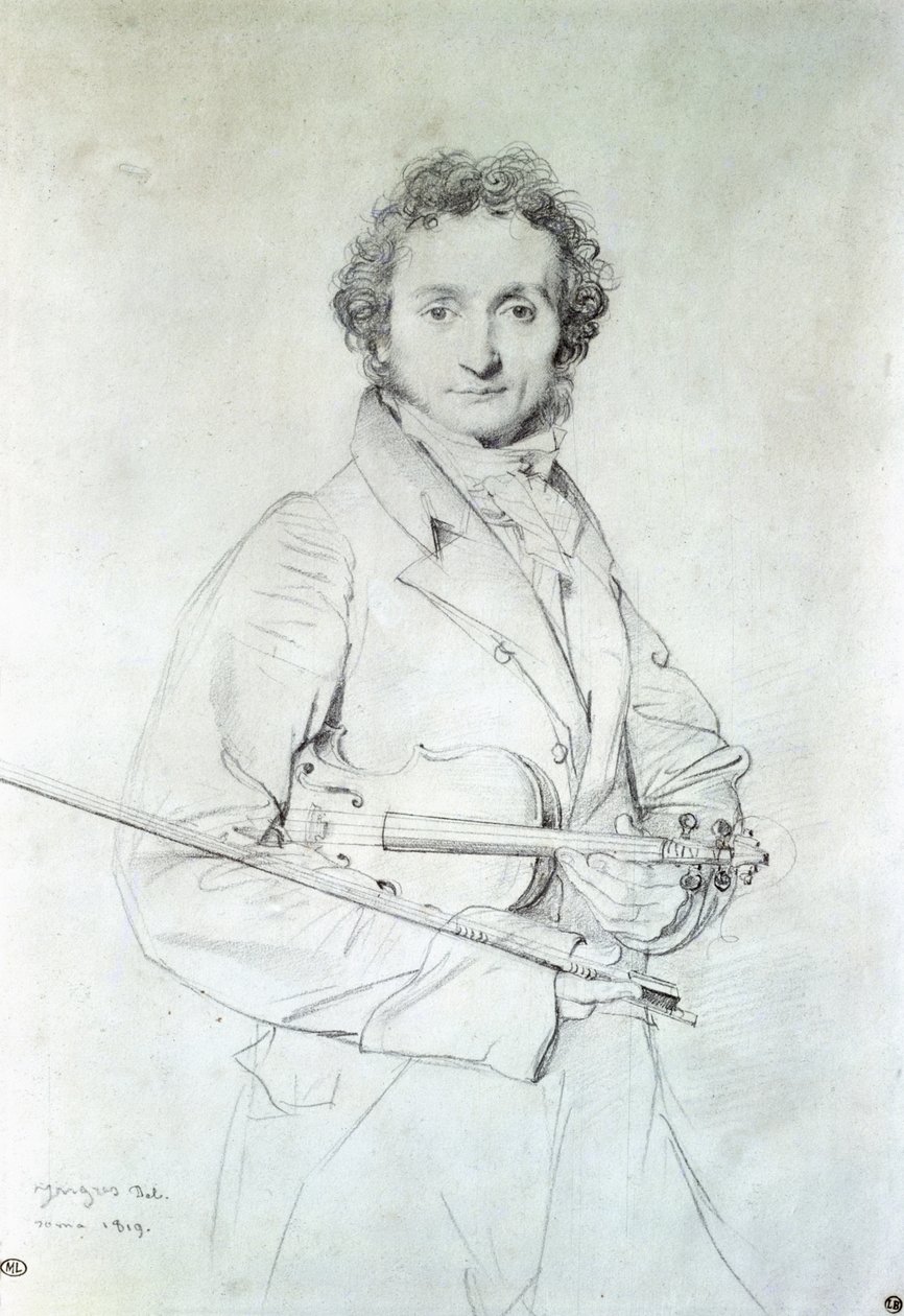 Porträtt av Niccolo Paganini (1782-1840) 1819 (penna på papper) av Jean Auguste Dominique Ingres