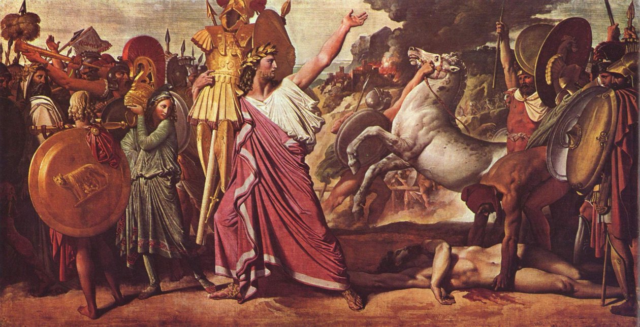 Romulus, der Sieger von Acron, trägt die reiche Beute in den Zeustempel av Jean Auguste Dominique Ingres