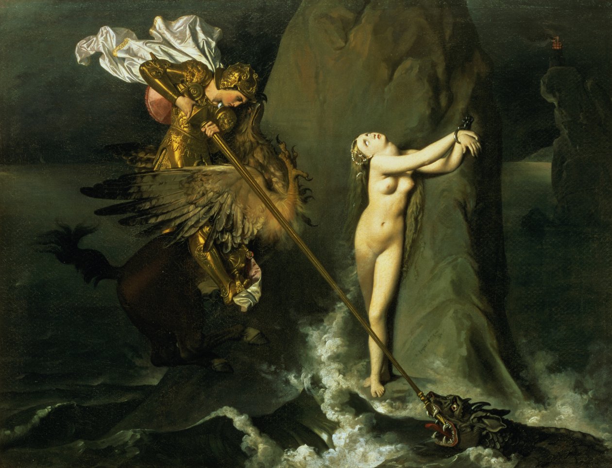 Ruggiero räddar Angelica, 1819 av Jean Auguste Dominique Ingres