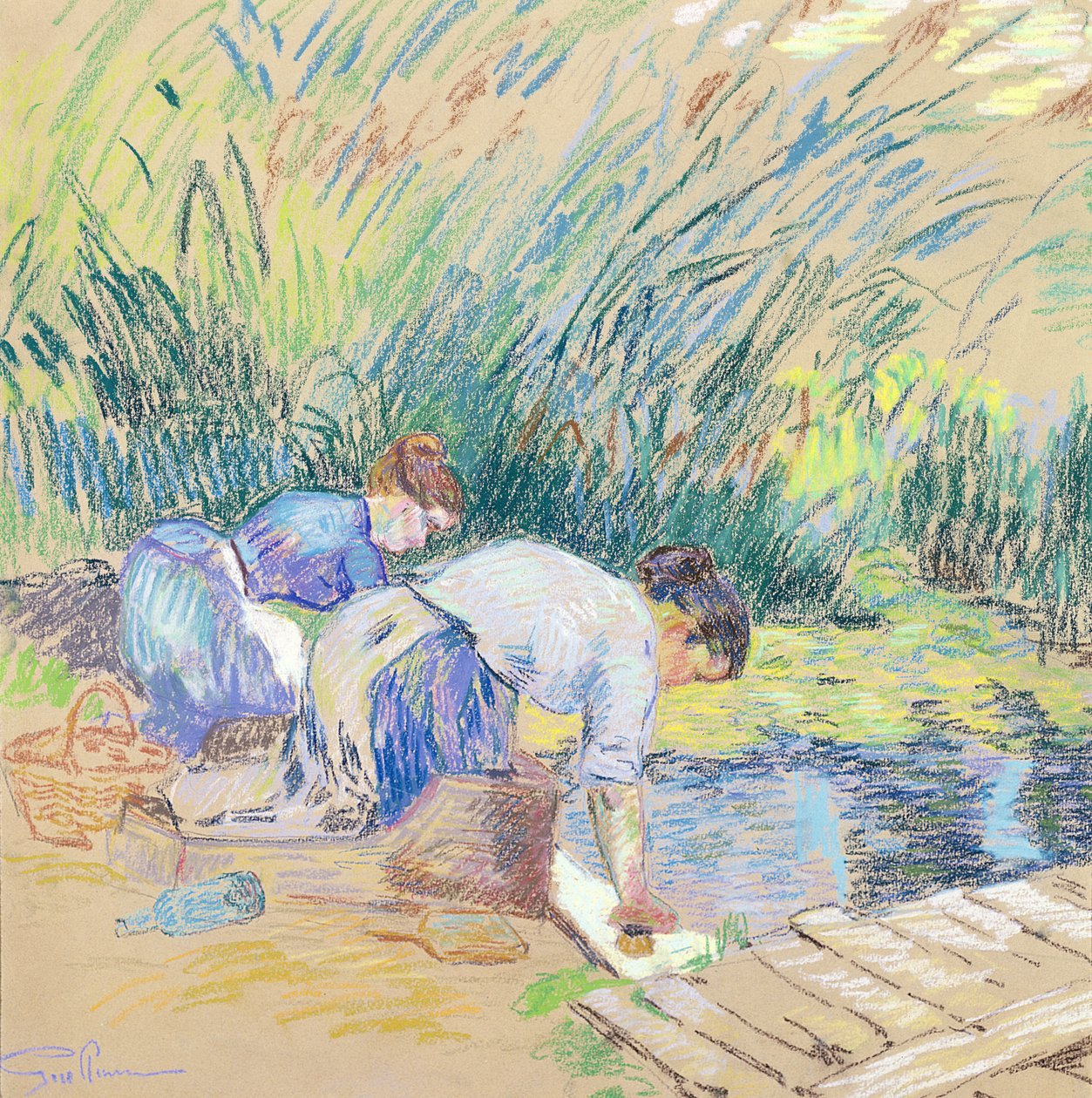 Två tvättkvinnor (pastell på papper) av Jean Baptiste Armand Guillaumin