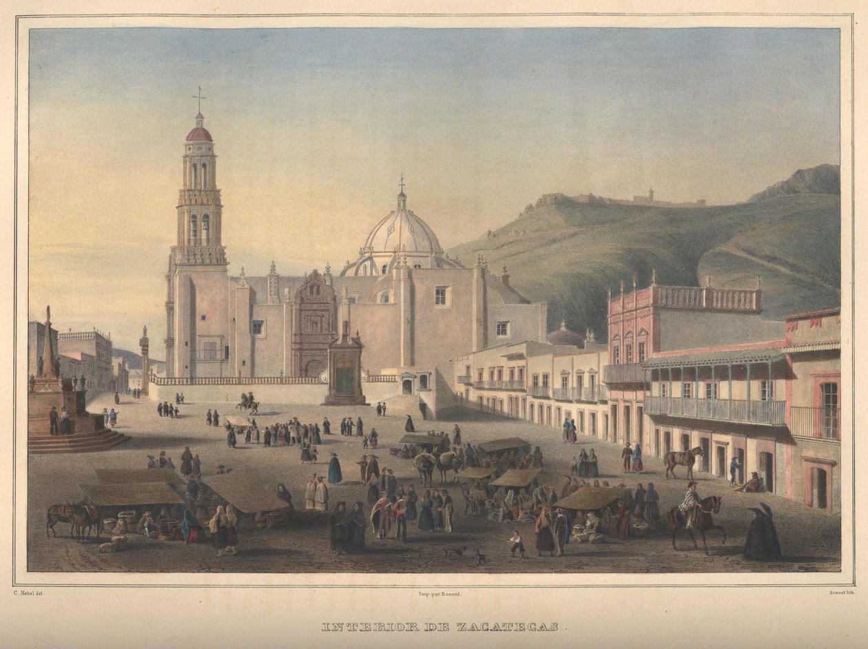 Interior de Zacatecas, view of Zacatecas, Zacatecas. Hand-colored lithograph highlighted with gum arabic.  av Jean Baptiste Arnout