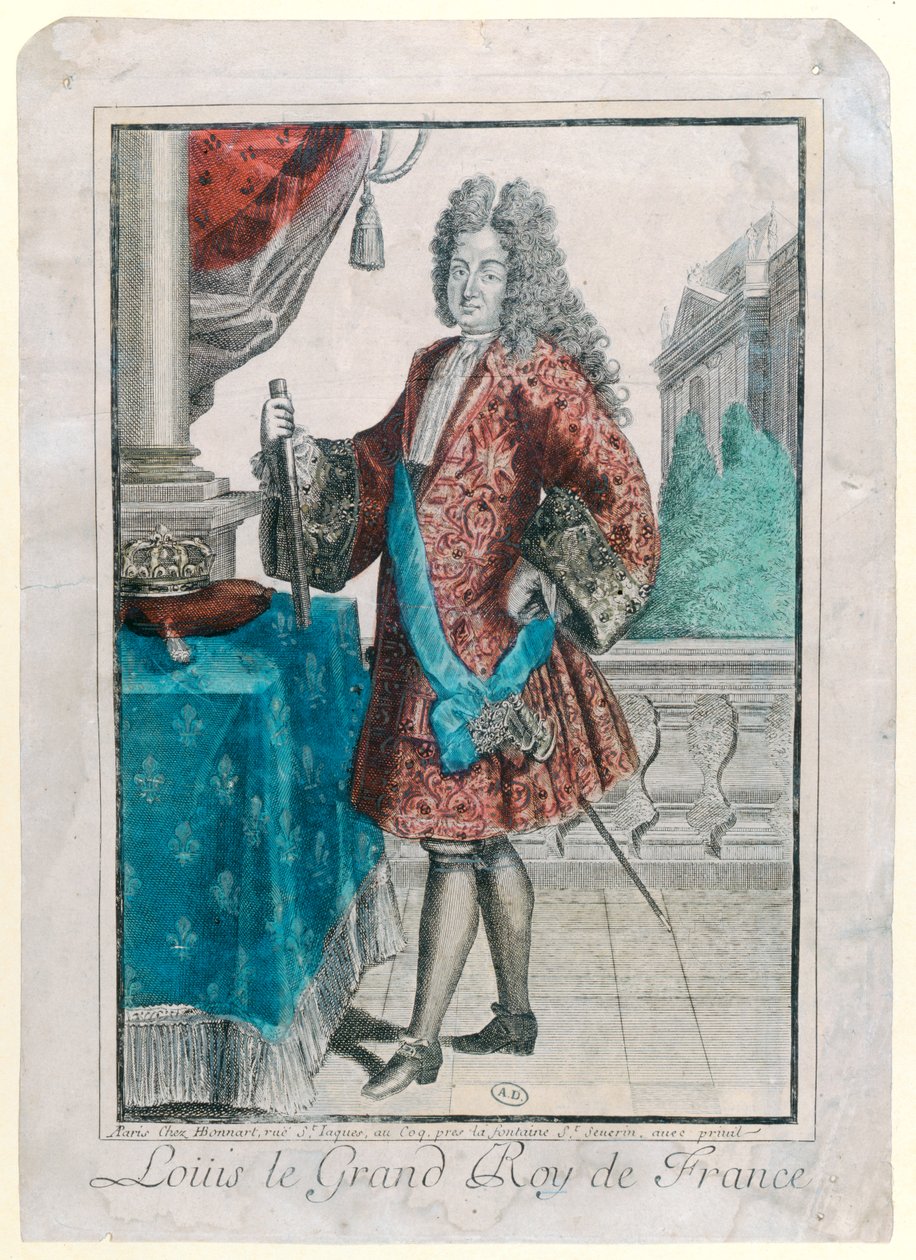 Ludvig XIV (1638-1715), kung av Frankrike, 1695 (handkolorerat gravyr) av Jean Baptiste Bonnart