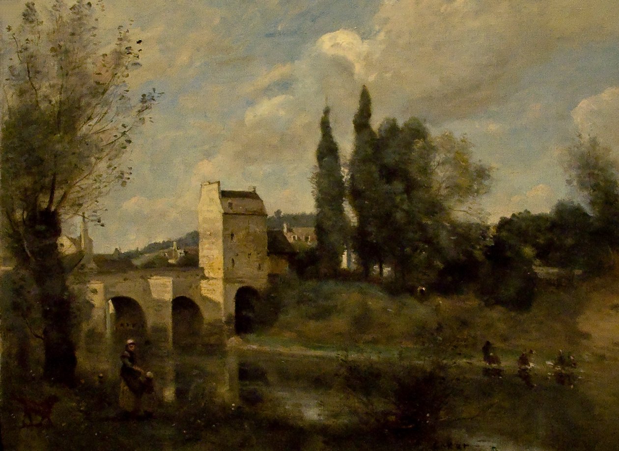 Een brug te Mantes  av Jean Baptiste Camille Corot