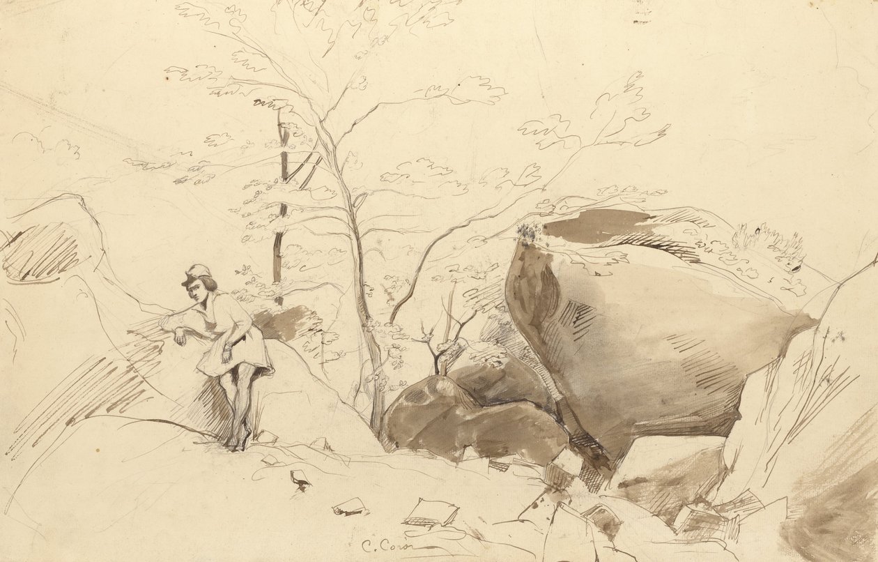 Fontainebleau, figur lutad mot en sten | Konsttryck