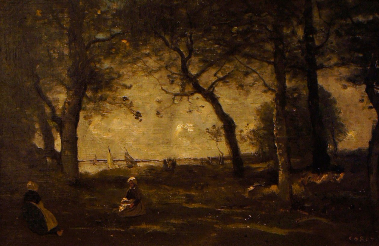 Honfleur la mer derierre les arbres av Jean Baptiste Camille Corot