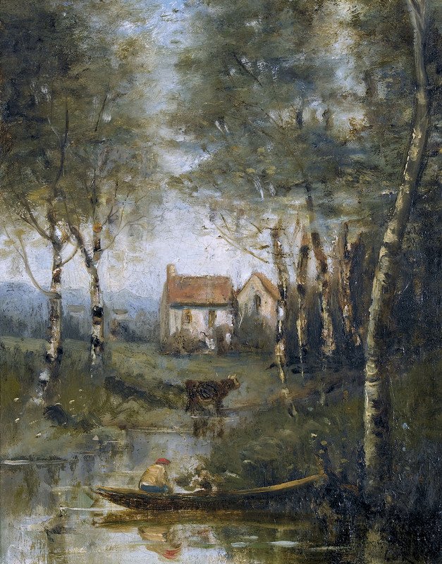 La rivière en bateau et la maison  av Jean Baptiste Camille Corot