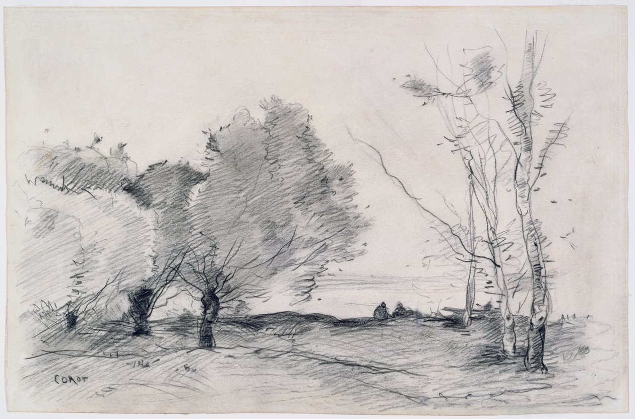 Landskap, 1860-68 (penna och krita på papper) av Jean Baptiste Camille Corot