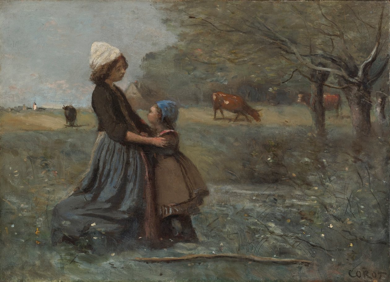 Les deux soeurs dans la prairie av Jean Baptiste Camille Corot