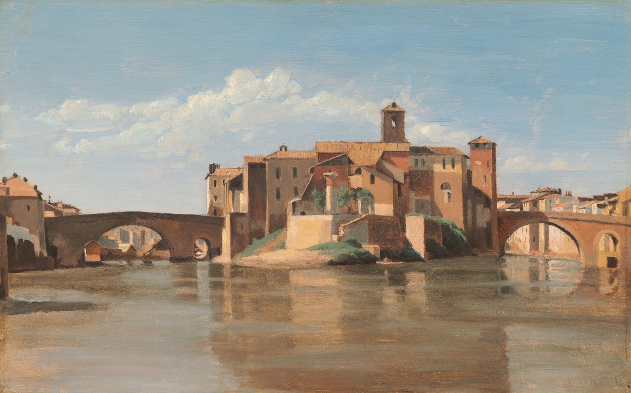 Lîle et le pont de San Bartolomeo, Rome  av Jean Baptiste Camille Corot