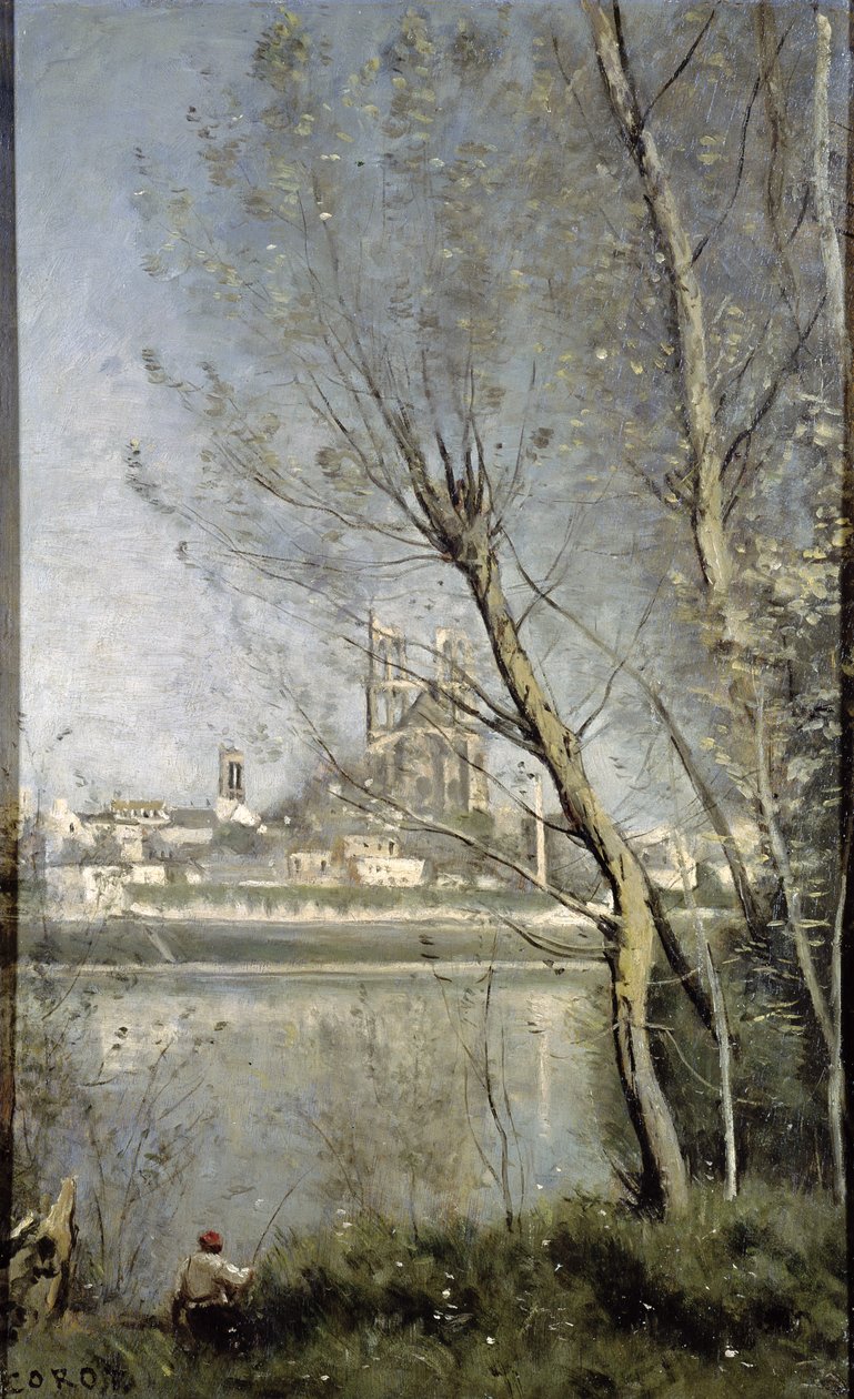 Mantes, Utsikt över katedralen och staden genom träden, c.1865-70 av Jean Baptiste Camille Corot