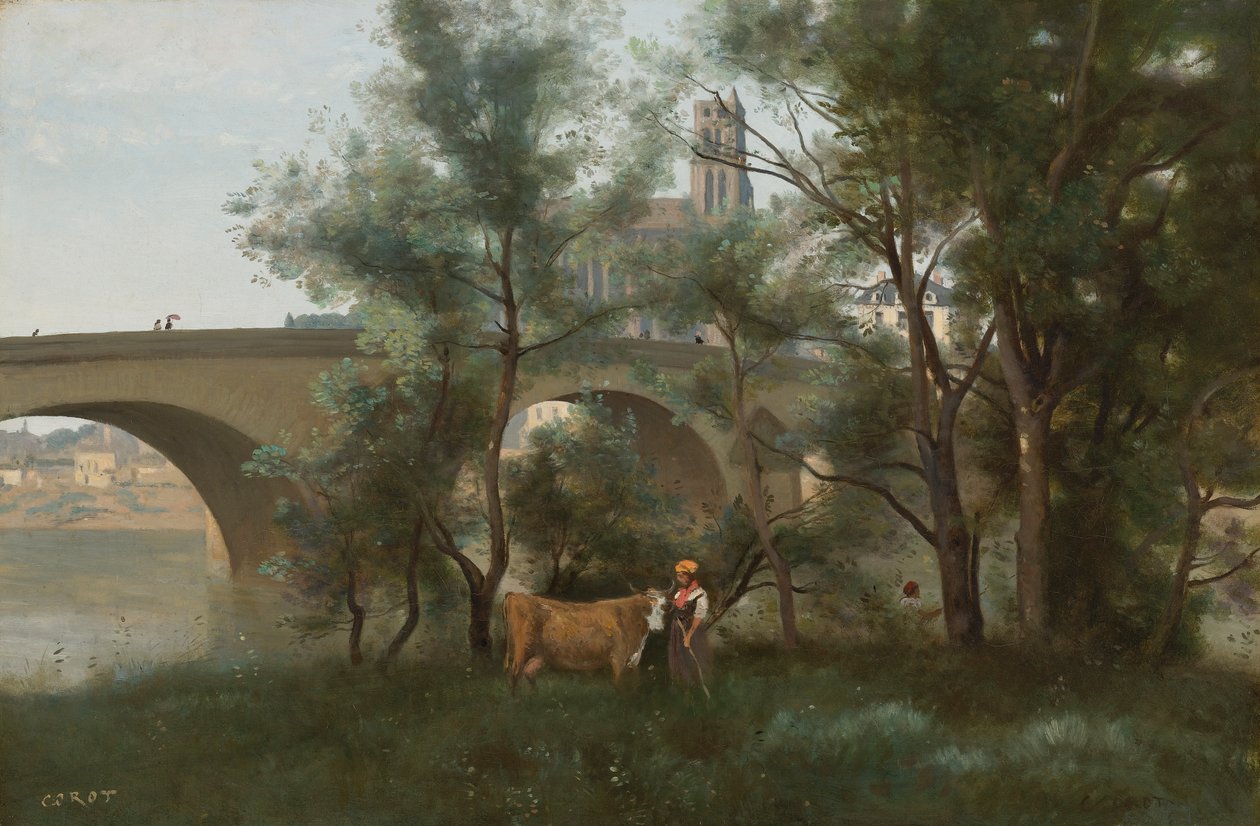 Mantes, stranden av Seinen vid foten av bron av Jean Baptiste Camille Corot