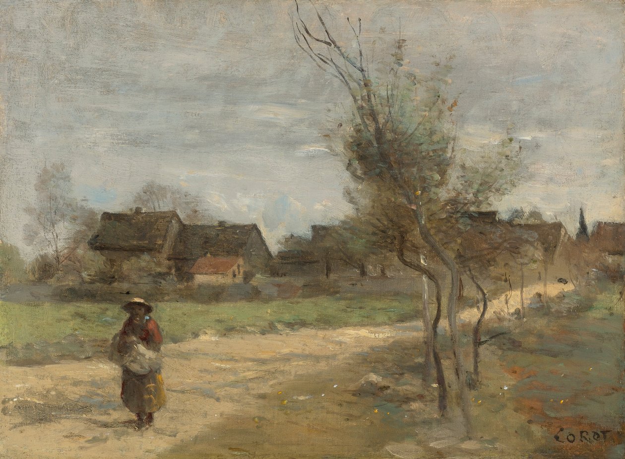 Paysanne sur une route en vue dun village av Jean Baptiste Camille Corot