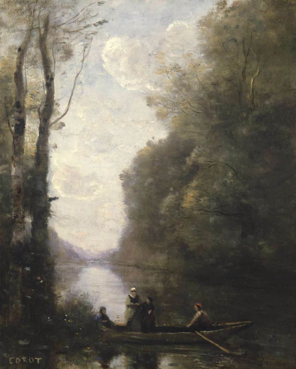 Färjeskytten lämnar banken med två kvinnor, 1865 av Jean Baptiste Camille Corot