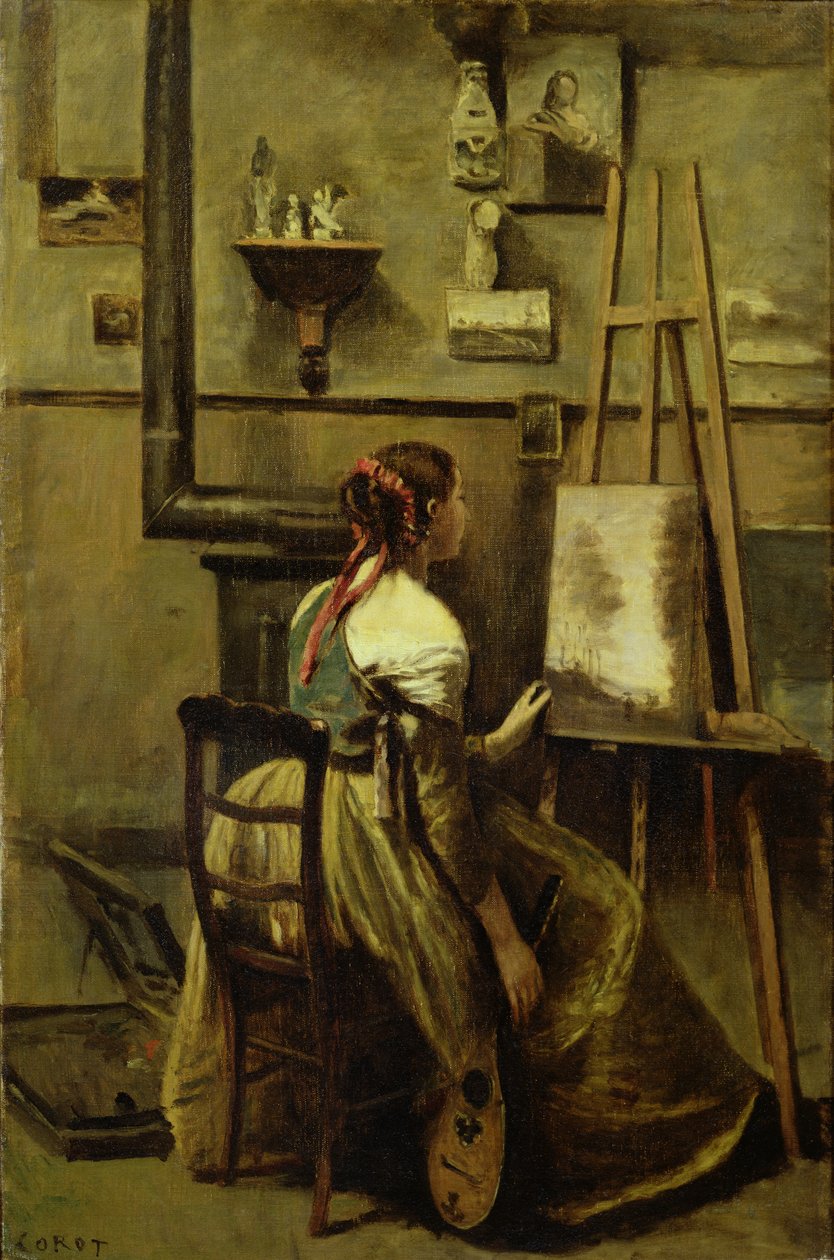 The Studio of Corot, eller ung kvinna som sitter framför ett staffli, 1868-70 av Jean Baptiste Camille Corot