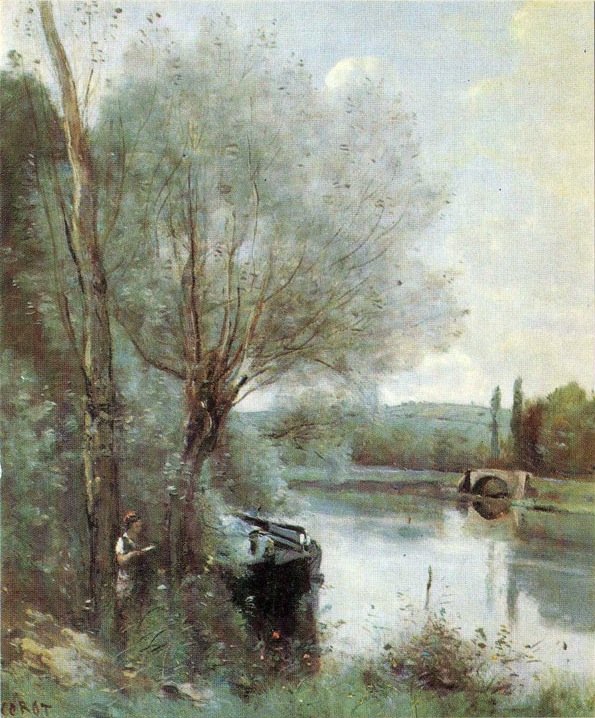 The reader by the wooded bank av Jean Baptiste Camille Corot